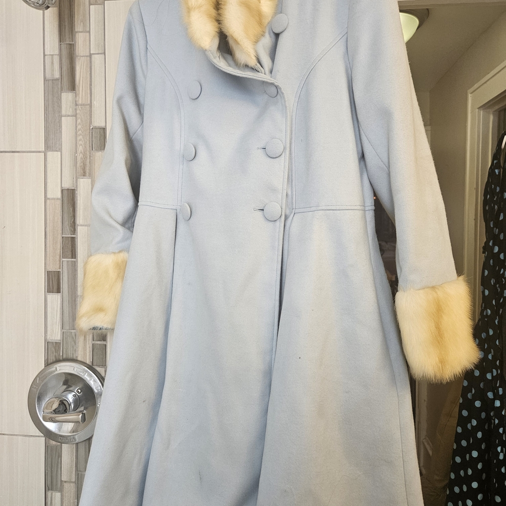 Hell Bunny Light Blue Pea Coat with Faux Fur Trim
